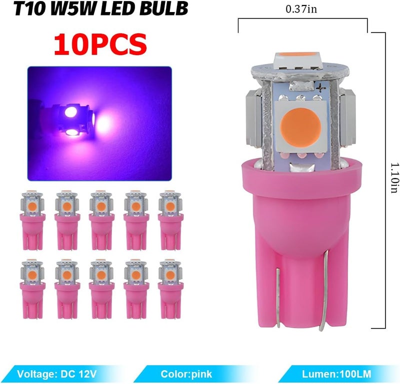 Bittwee T10 Car Led Bulb, 10PCS 5050 5SMD 5W DC 12V Bright License Plate Front Rear Sidemarker Trunk Light, Error Free Automotive Replacement Bulbs, Universal for Vehicles (Pink) - Image 2